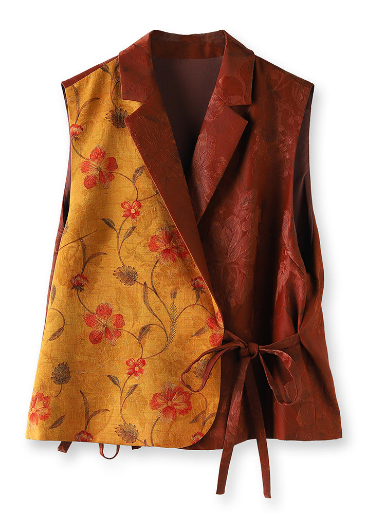 Brown Print Lace Up Patchwork Silk Vest Sleeveless