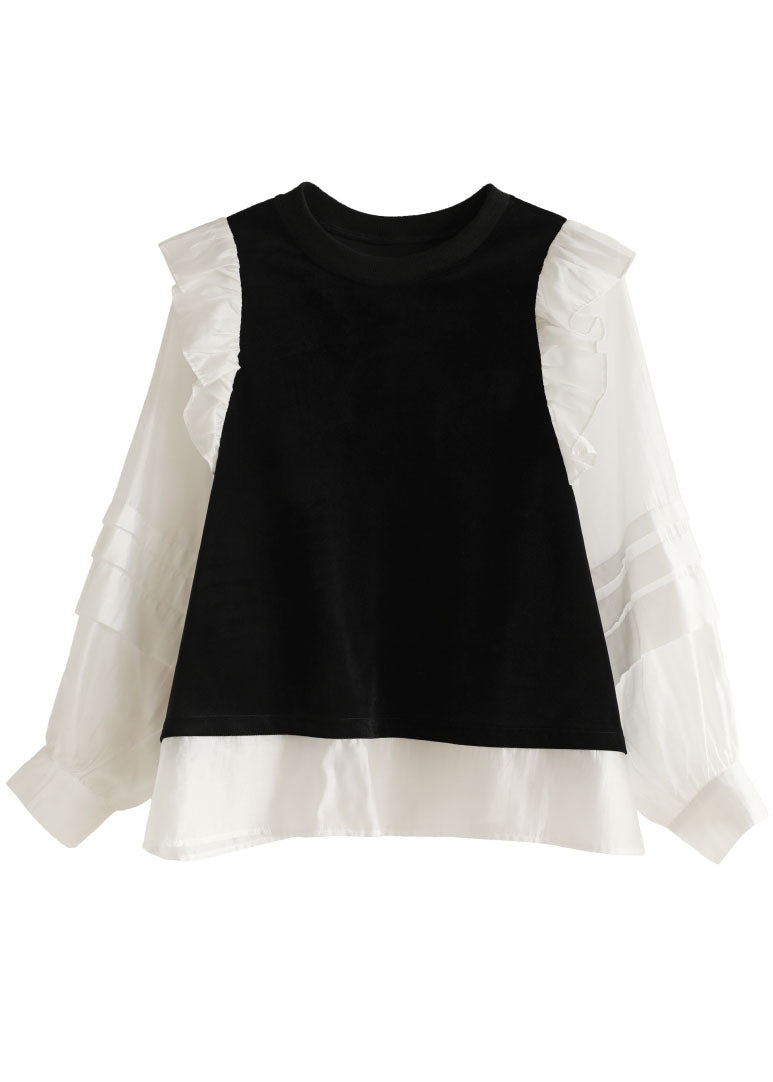 Unique Black White O-neck Ruffles Patchwork Cotton Fake Two Piece Shirt Long Sleeve