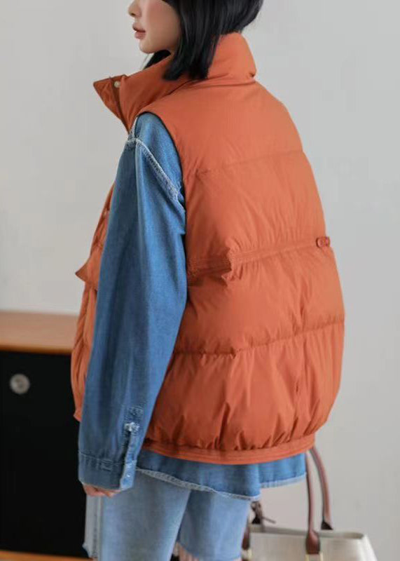 Orange Stand Collar Zip Up Pockets Duck Down Vest Winter