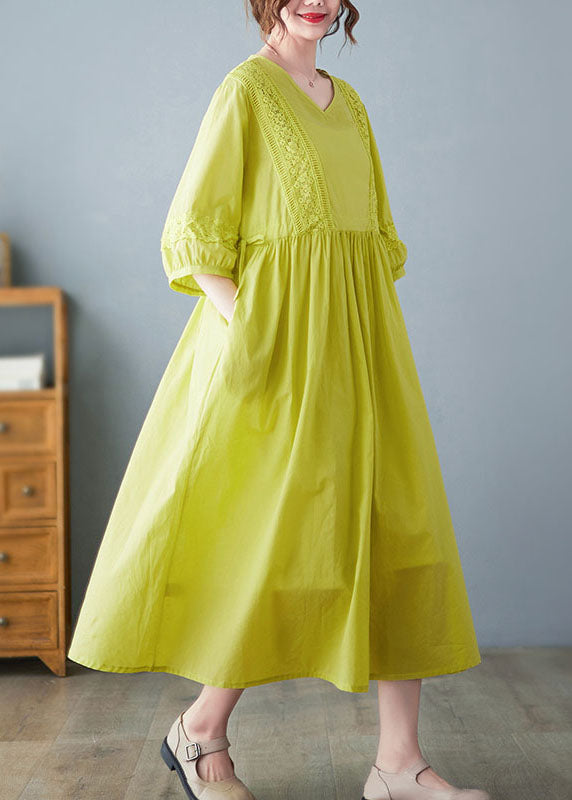 Yellow O-neck Lace Patchwork Cotton Cinch Dress Half Sleeve