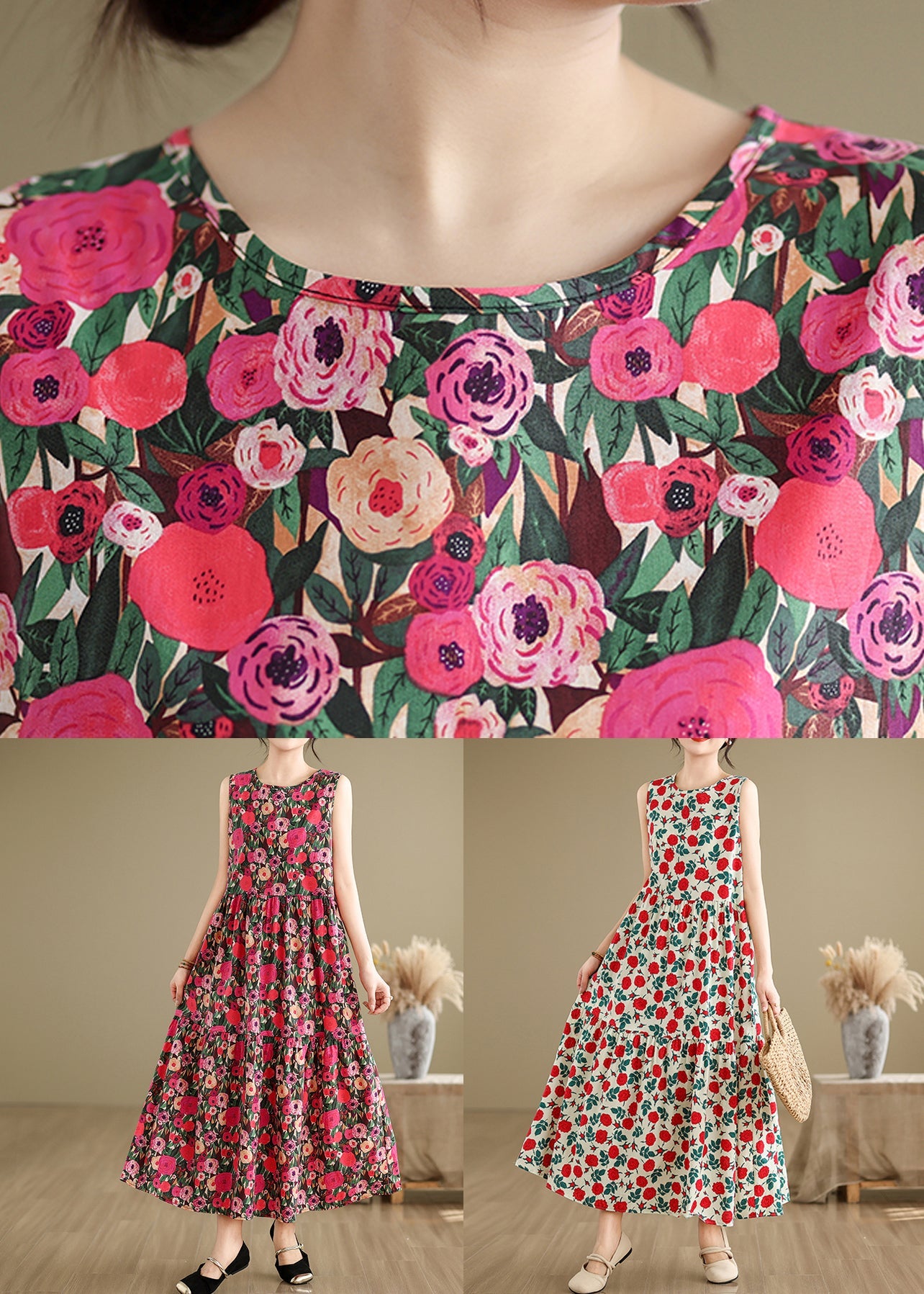 Beige O Neck Print Cotton Long Dresses Sleeveless