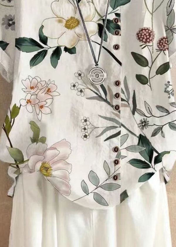 White O Neck Print Patchwork Linen T Shirts Tops Summer