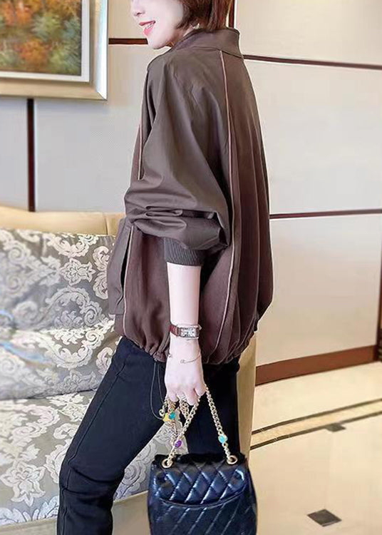 Coffee Zip Up Pockets Patchwork Cotton Sweatshirts Fall