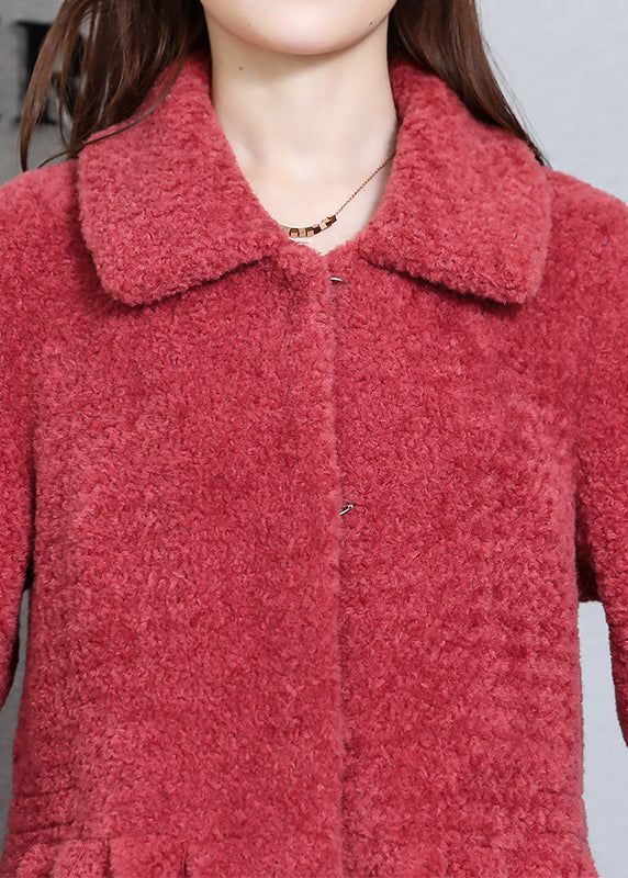 Watermelon Red Wrinkled Pockets Teddy Faux Fur Coats Long Sleeve