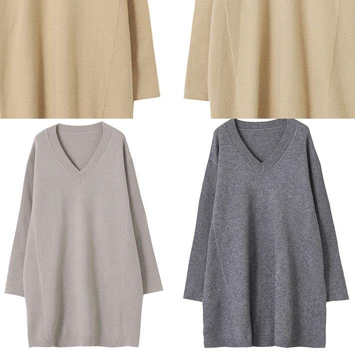 Fall Dark Gray Sweaters Oversized V Neck Blouse