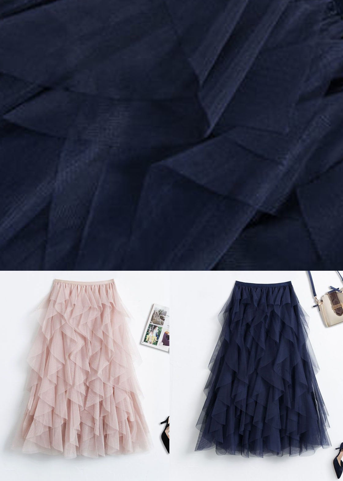 Navy Asymmetrical Patchwork Tulle Skirts Spring
