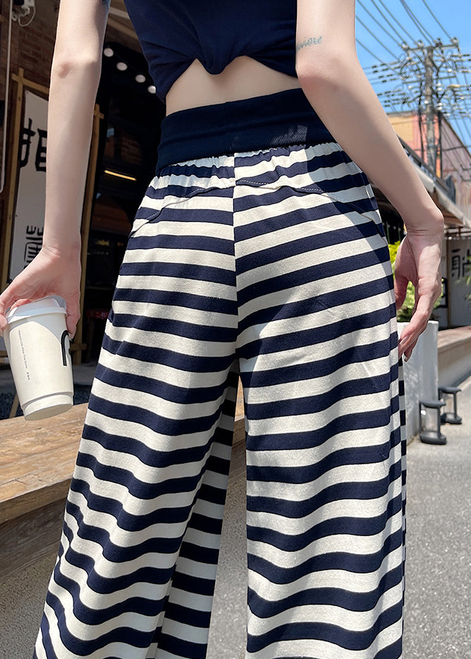 Navy Striped Elastic Waist Cotton Wide Leg Pants Fall