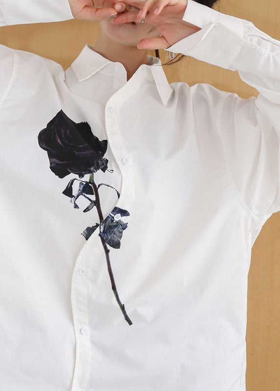 Diy White Peter Pan Collar Rose Print Cotton Shirt Tops Springs