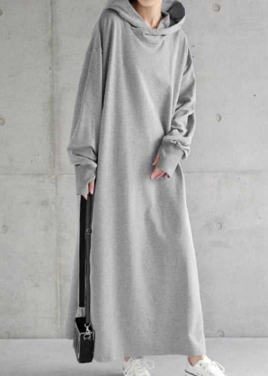 Loose Grey Hooded Cotton Sweatshirt Dress Spring