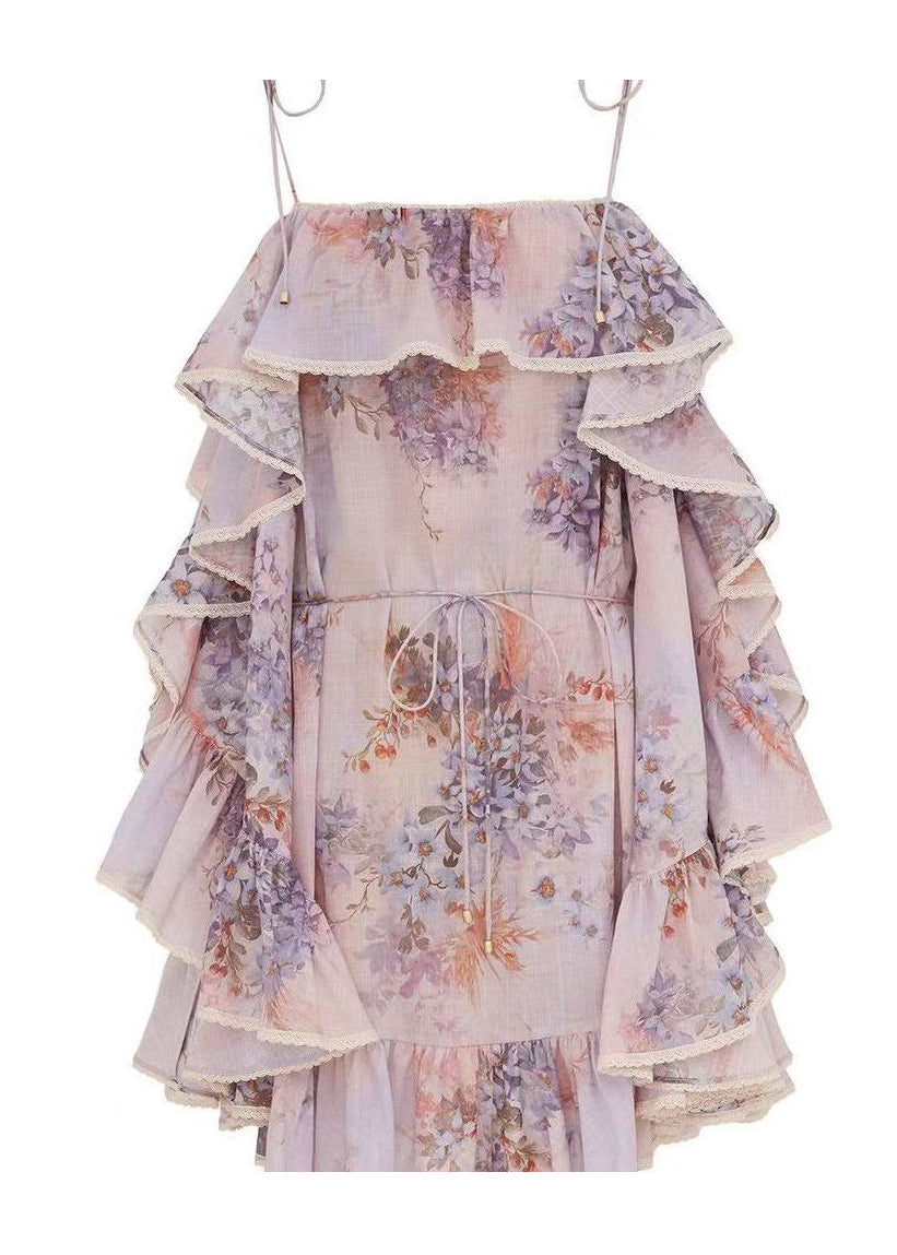 Fine Ruffled Print Cotton Spaghetti Strap Dress Summer