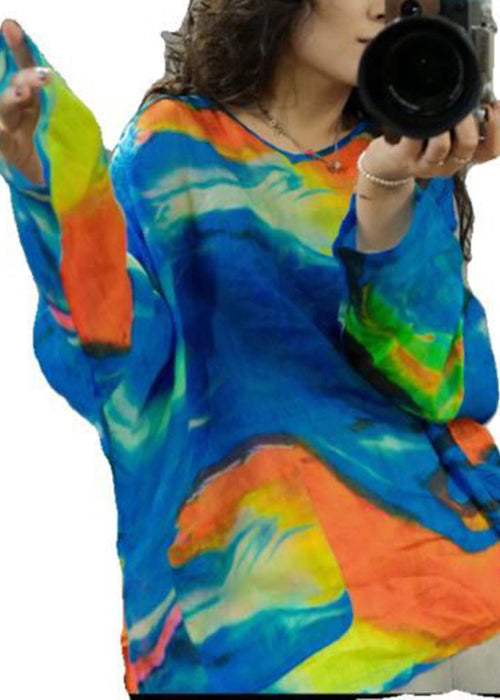 Blue O-neck Print Cotton T Shirt Long Sleeve