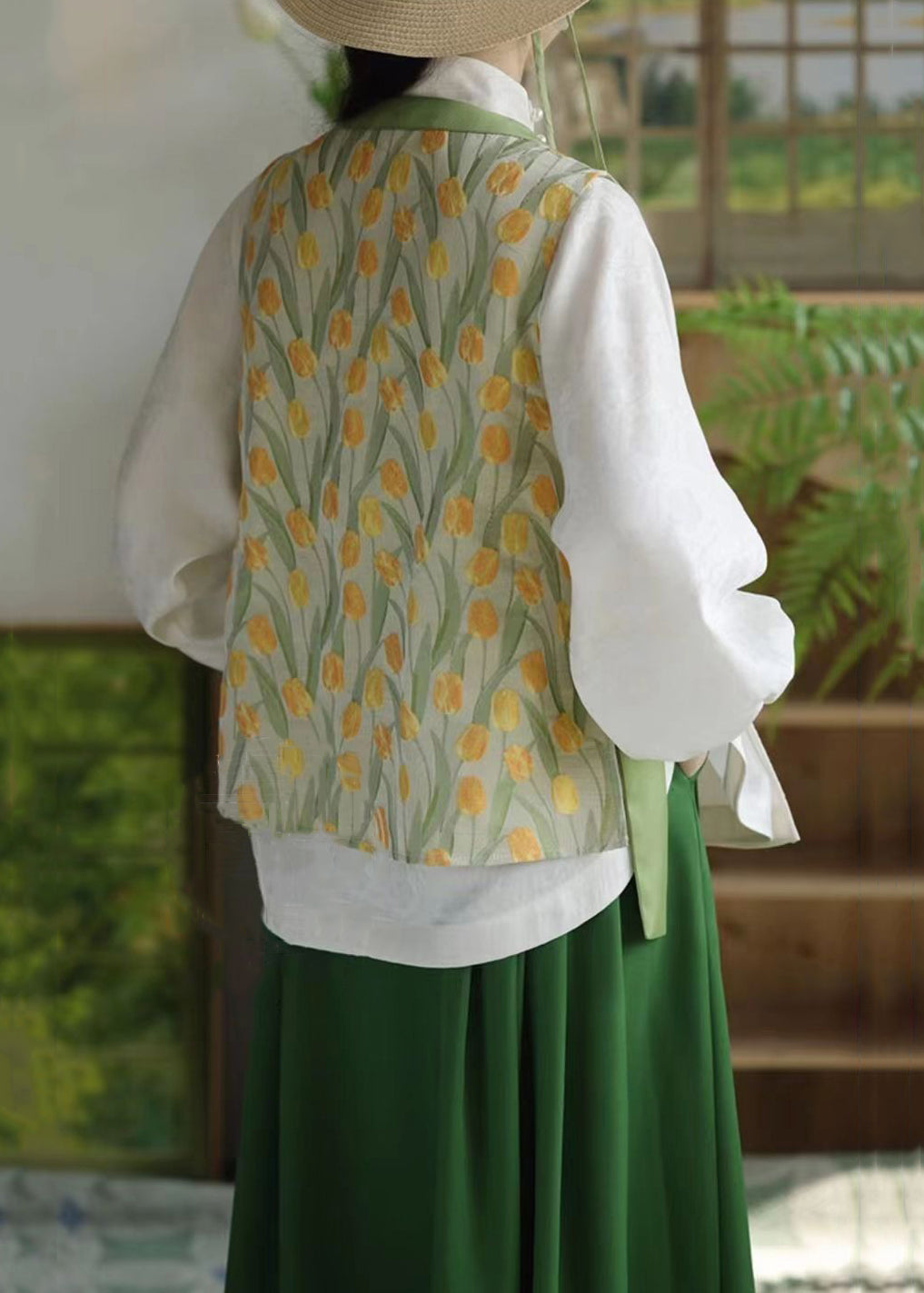 Chinese Style Green Button Lace Up Patchwork Three Piece Set Fall