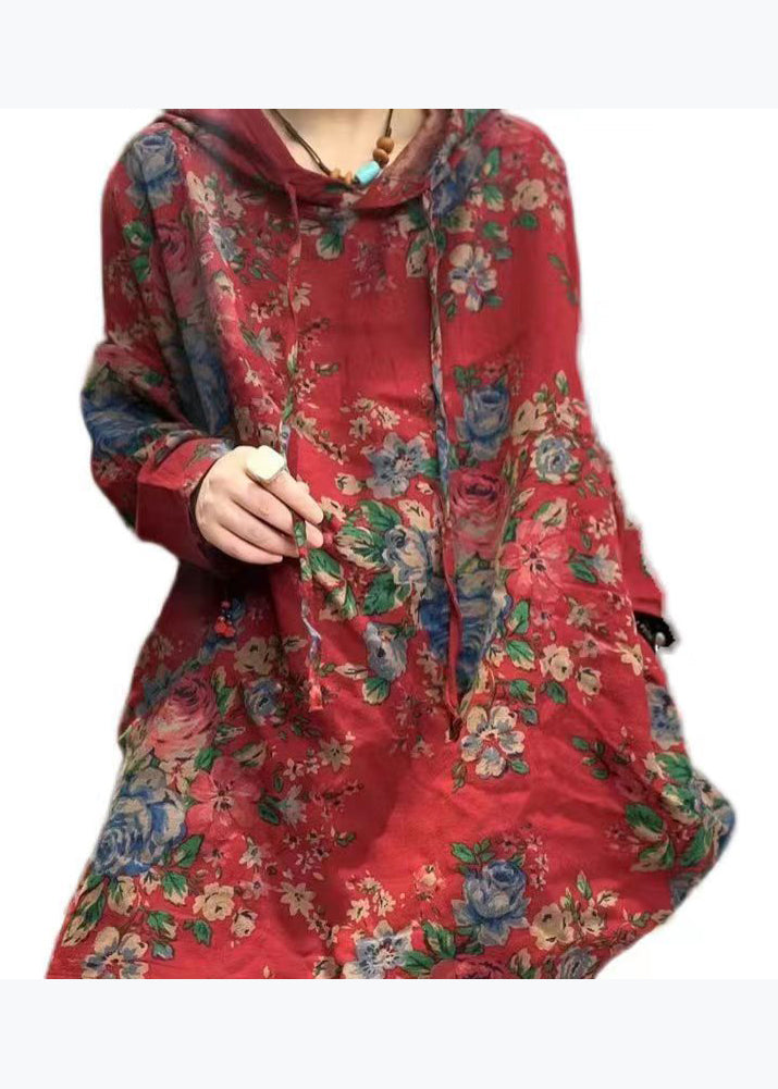 Red Hooded Print Linen Tops Spring