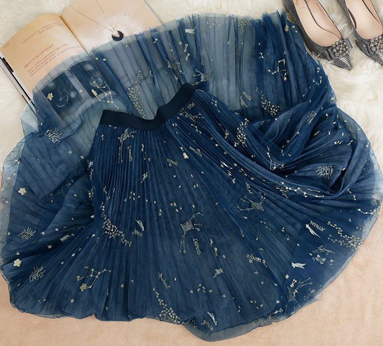 Blue Print Tulle Pleated Skirts Summer