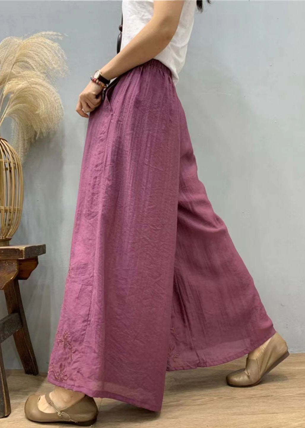 Purple Embroidered Elastic Waist Linen Silk Wide Leg Pants Summer
