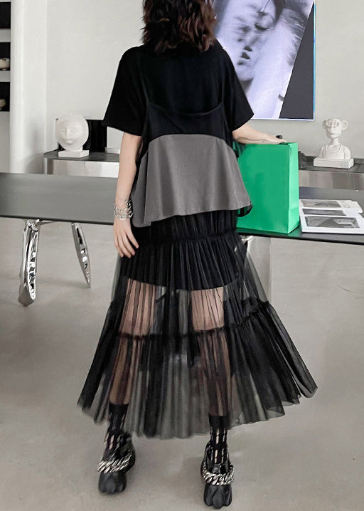 New Black O-neck Print Wrinkled Tulle Patchwork Two Pieces Set Summer