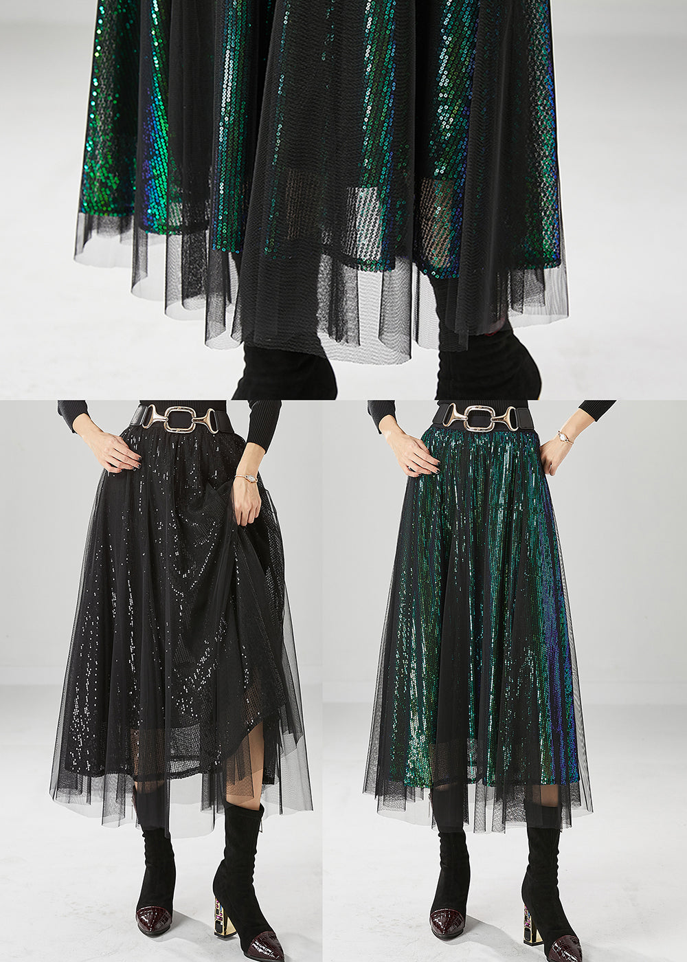 Peacock Green Silm Fit Tulle a Line Skirts Sequins Fall