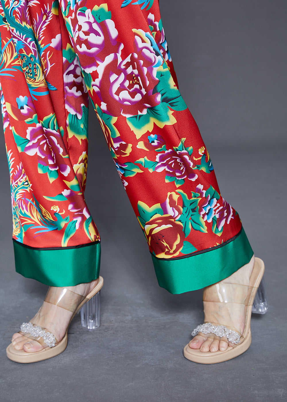 Red Peter Pan Collar Print Ice Silk Two Pieces Set Fall