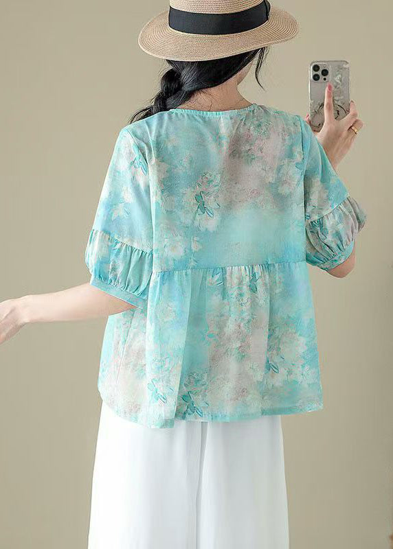 Pink O Neck Print Patchwork Cotton Shirts Summer