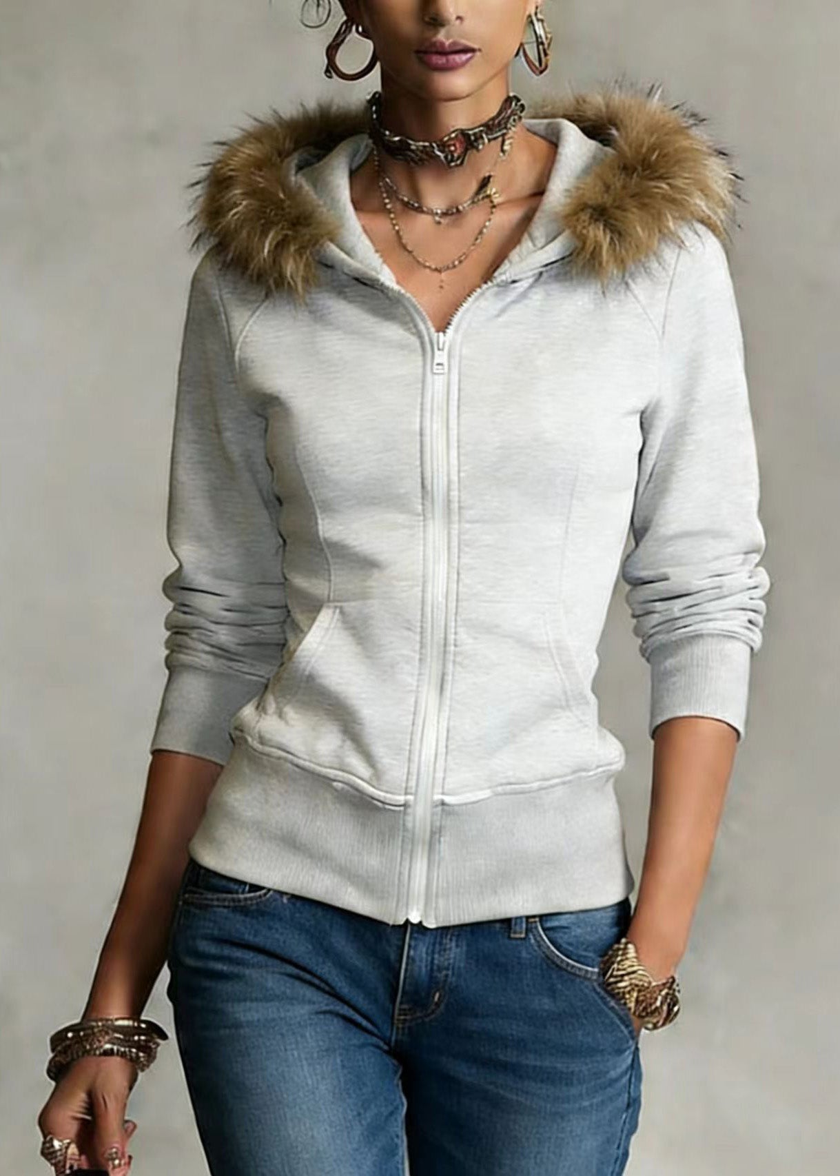 Grey Hooded Fur Collar Patchwork Cotton Coat Spring