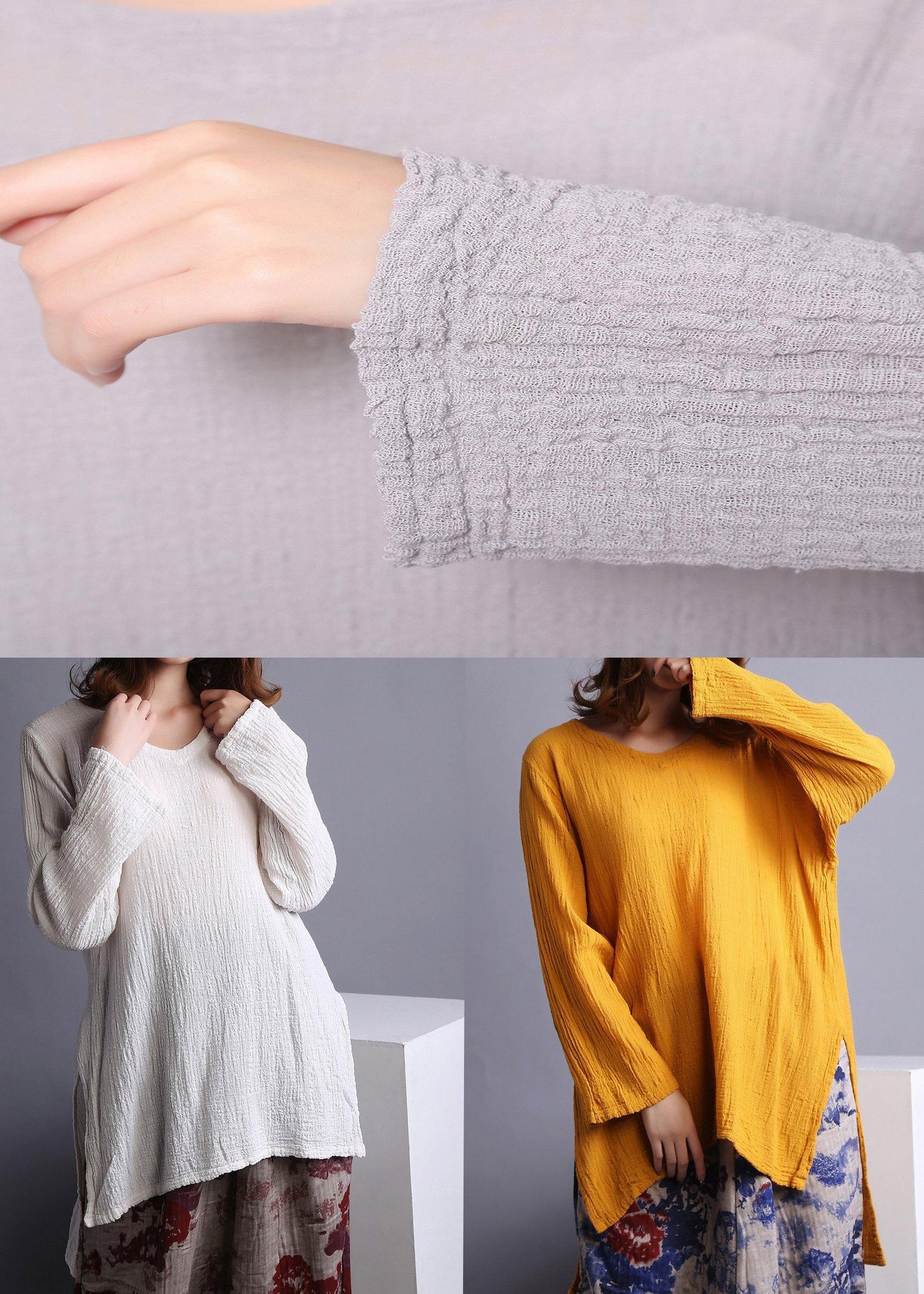 Yellow U Neck Low High Design Linen Spring Shirt