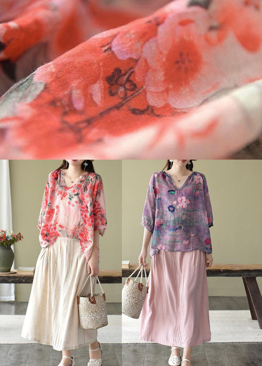 Purple Retro Print Fall Half Sleeve Shirt Top