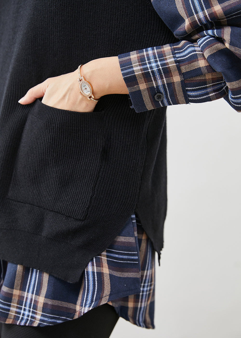 Style Black Plaid Knit Vest and Shirt Two Pieces Set Fall