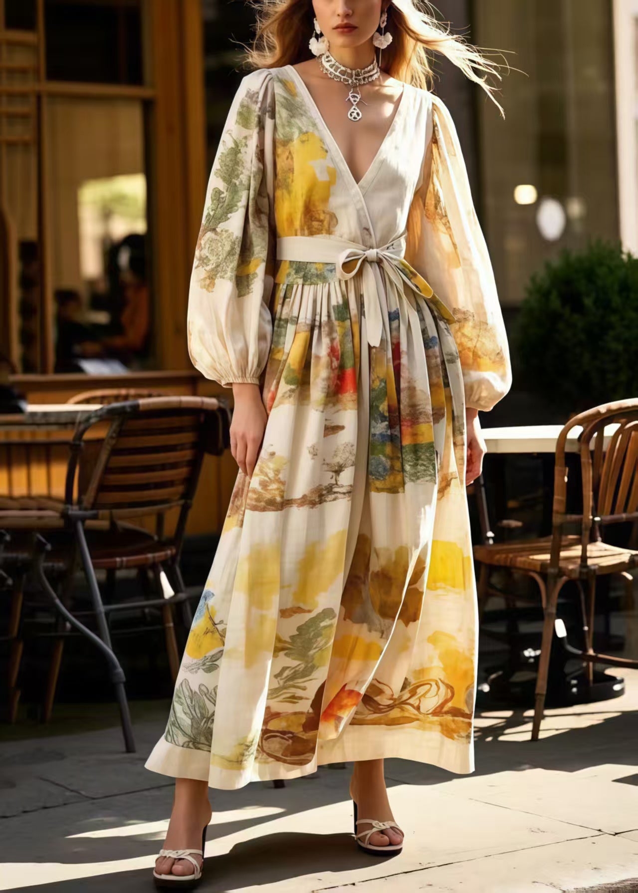 Apricot Tie Waist Print Cotton Holiday Dress Spring