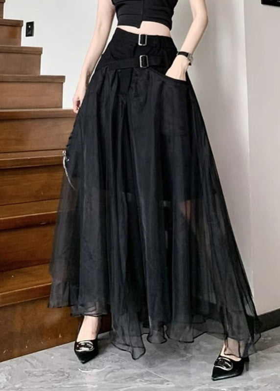 Black Sashes Pockets Tulle a Line Skirts Summer