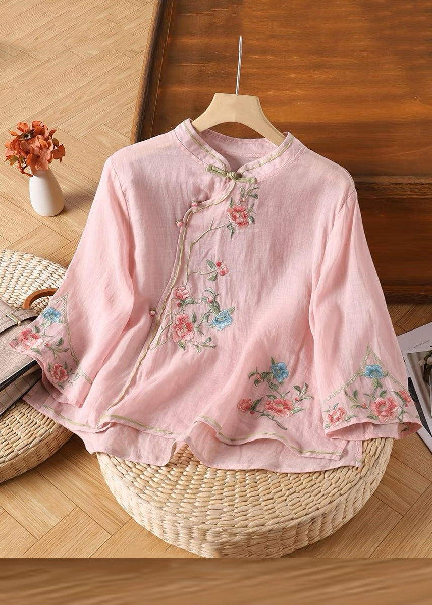 Handmade Yellow Embroidered Button Linen Shirt Bracelet Sleeve Fall