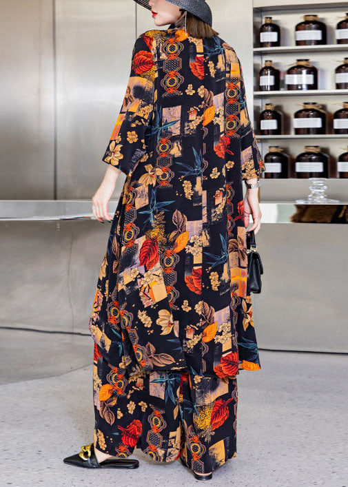 Black Asymmetrical Print Silk Shirts Wide Leg Pants Two Pieces Set Spring