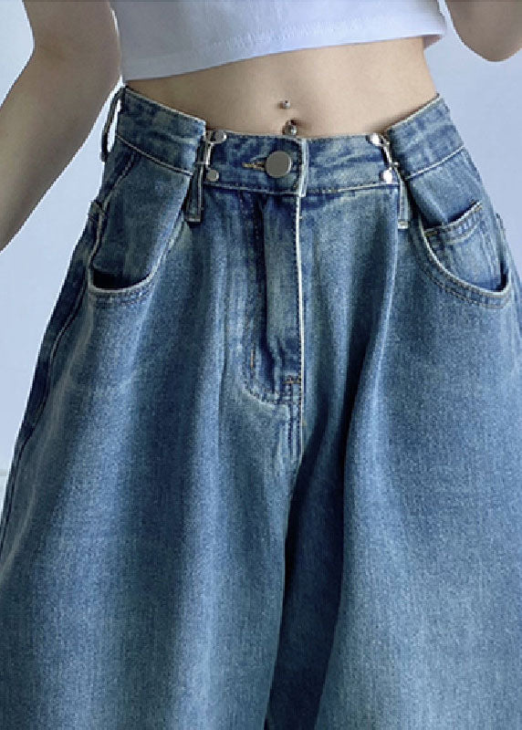 Blue High Waist Draping Cotton Denim Wide Leg Pants Summer