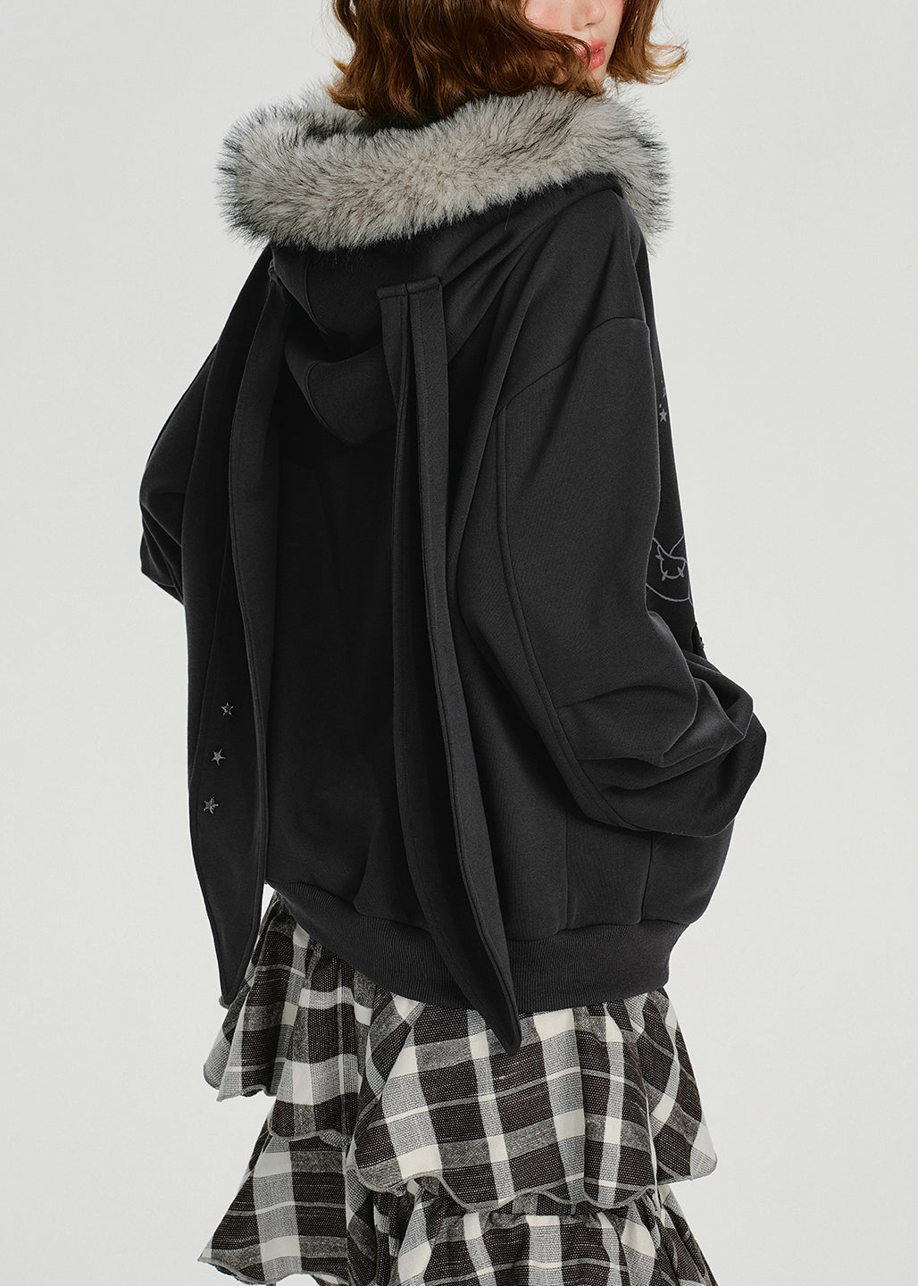 Dark Grey Fur Collar Patchwork Cotton Hooded Coat Spring