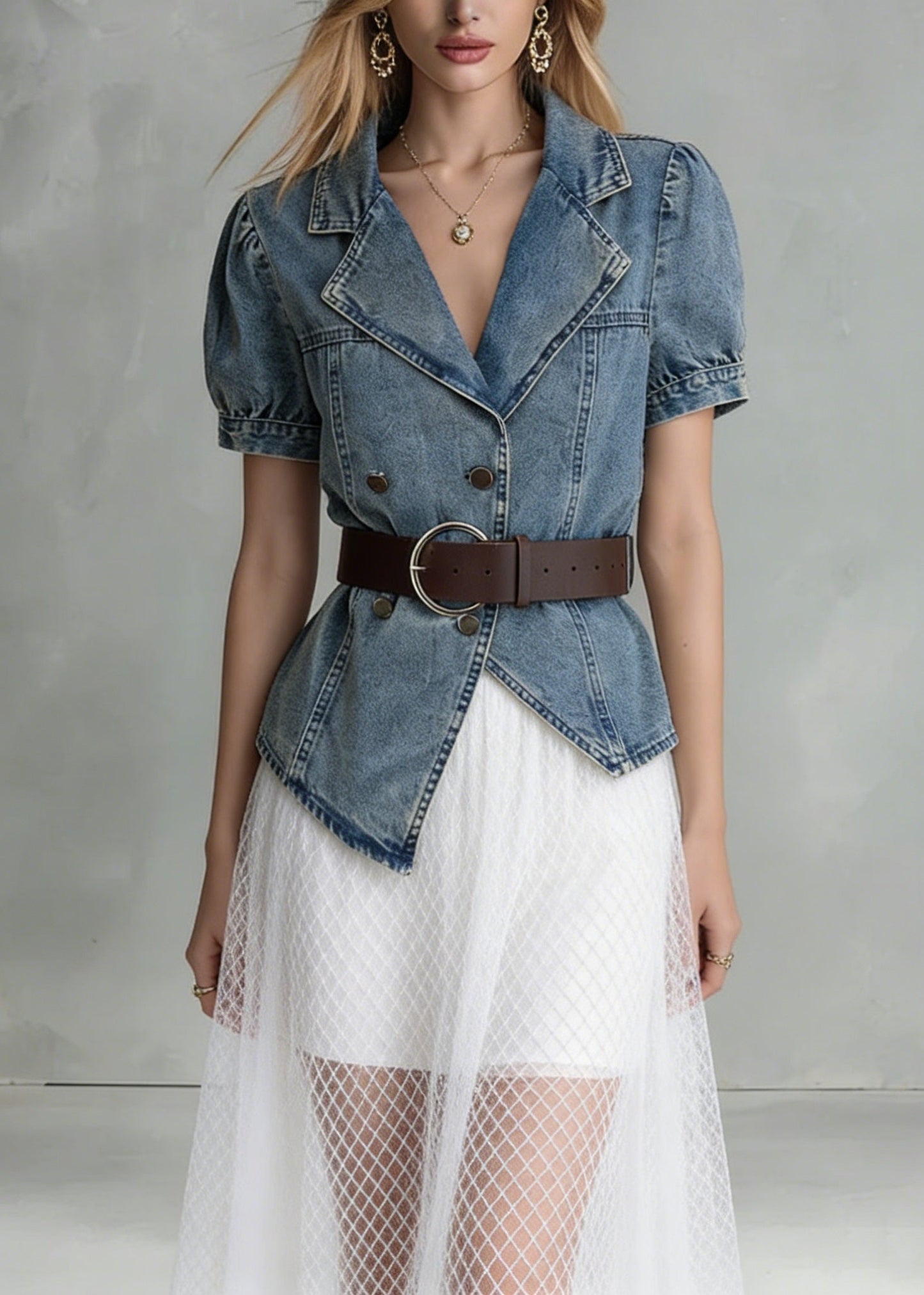 Blue Notched Asymmetrical Design Denim Shirts Summer