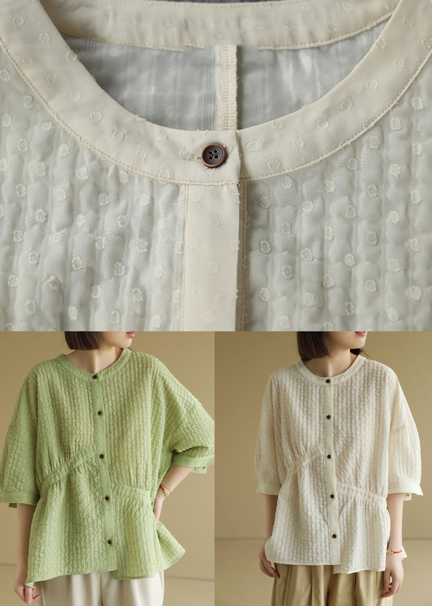 Beige O-neck Oversized Wrinkled Shirt Top Bracelet Sleeve