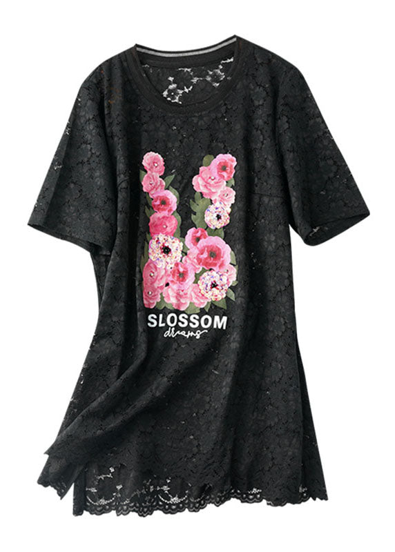 Black O-neck Print Hollow Out Lace Top Short Sleeve