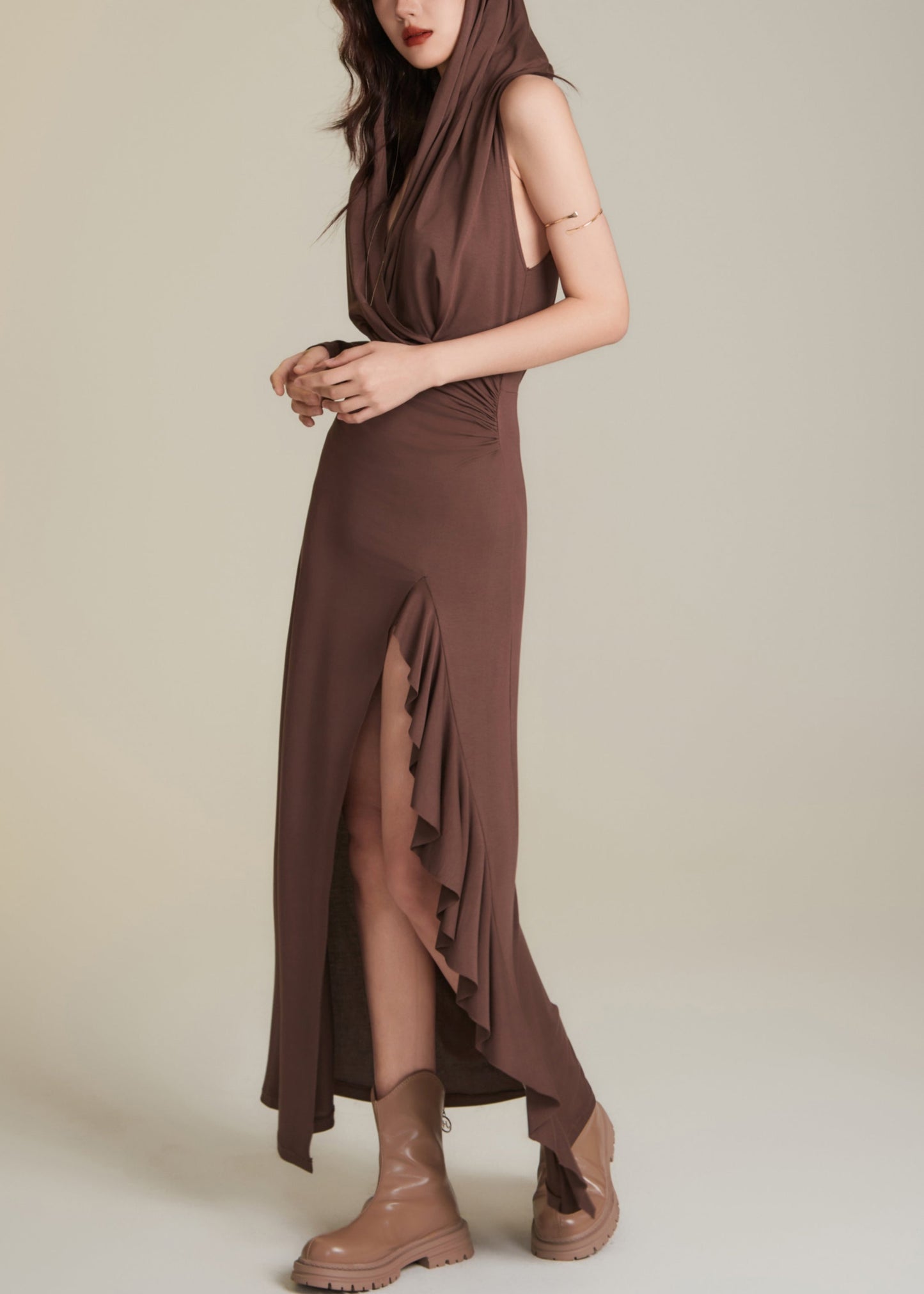 Chocolate Wrinkled Patchwork Holiday Hoode Long Dress Sleeveless