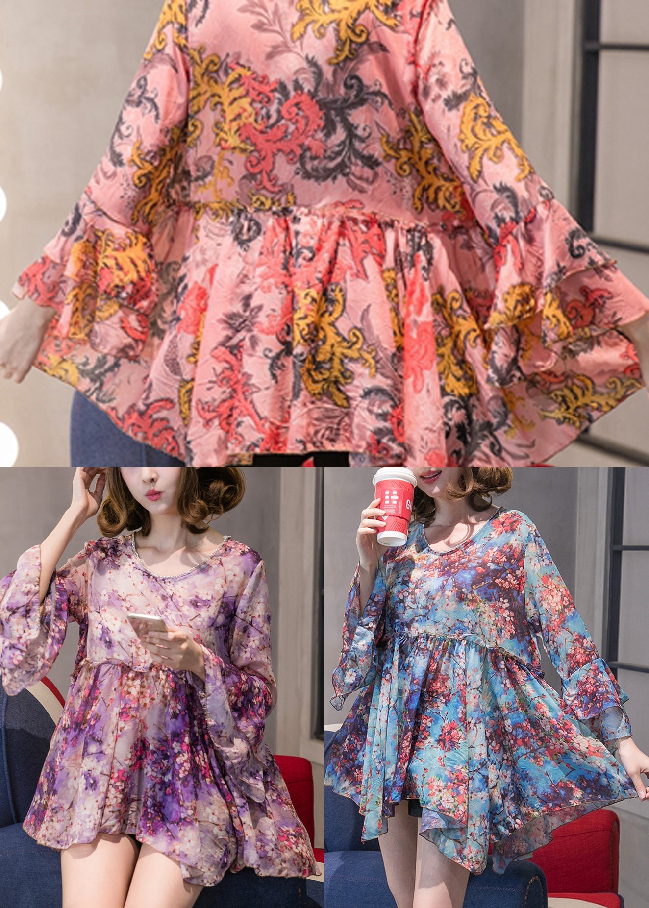 Blue Chiffon Shirt Tops Asymmetrical Design Flare Sleeve