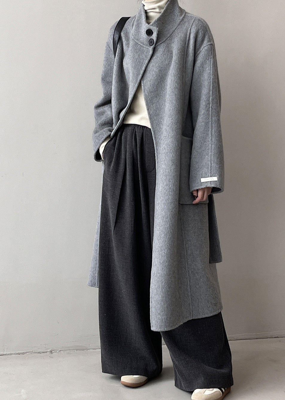 Italian Grey Stand Collar Pockets Tie Waist Woolen Coat Fall