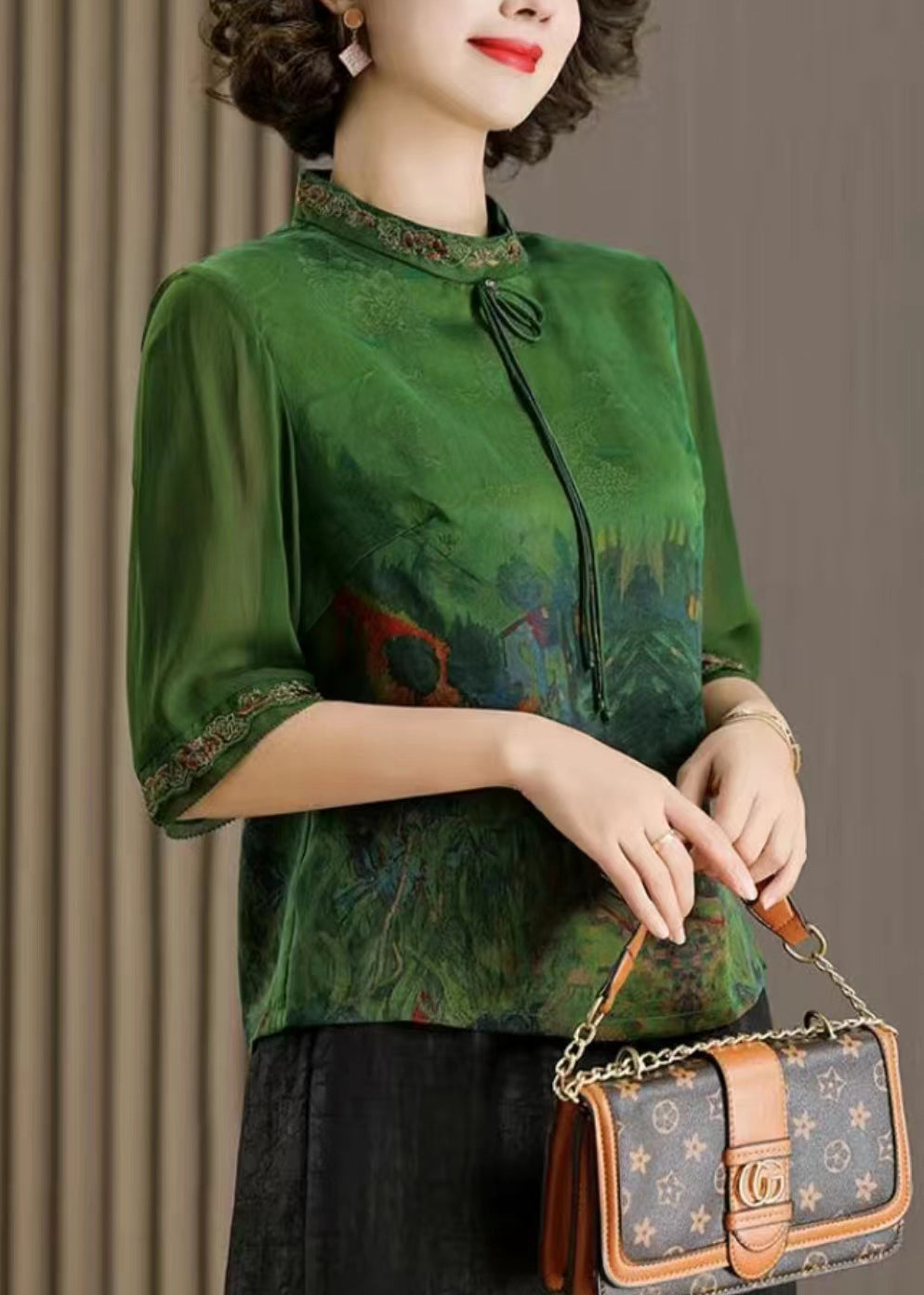 Green Tasseled Print Patchwork Silk Tops Half Sleeve