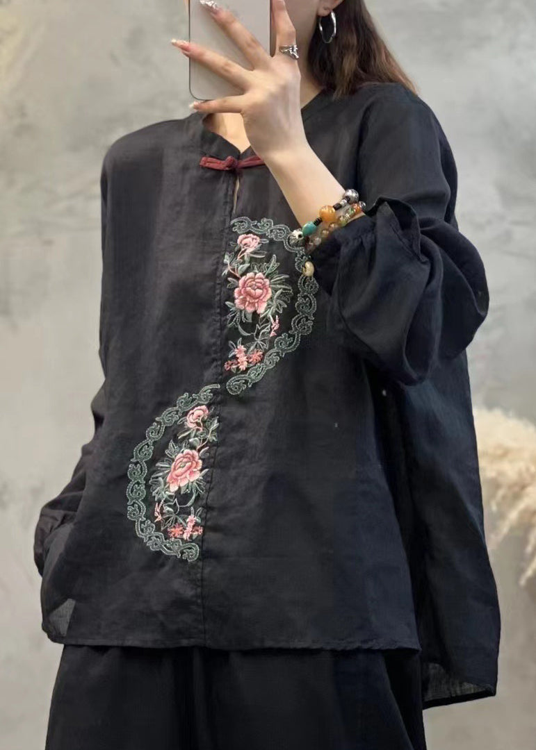 Retro Grey O-neck Embroideried Linen Shirt Top Lantern Sleeve