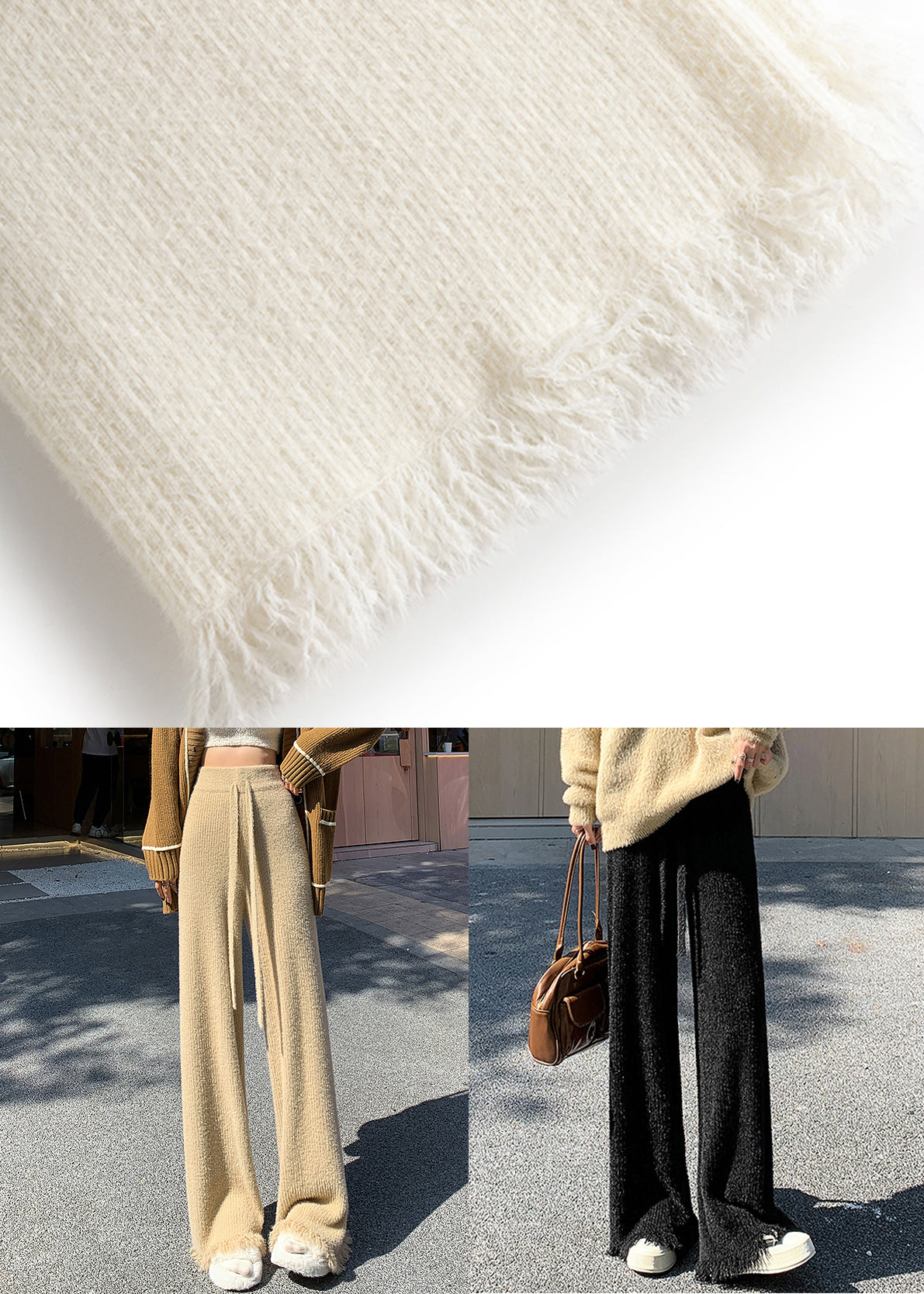 Khaki Elastic Waist Mink Hair Knitted Flare Bottoms Tasseled