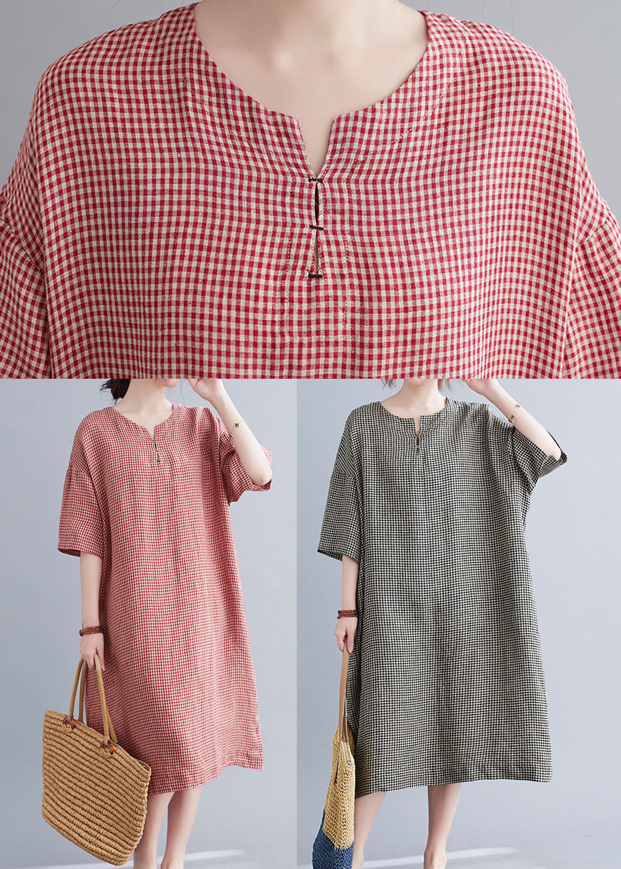 Black Plaid Cotton Holiday Dress O-neck Short Sleeve