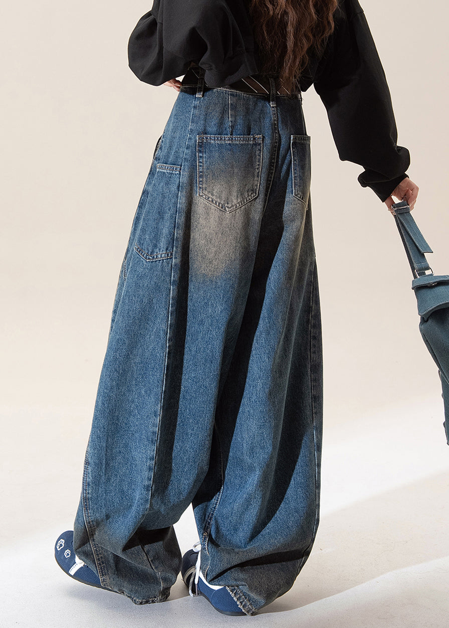 Dark Blue High Waist Pockets Wide Leg Jeans Spring