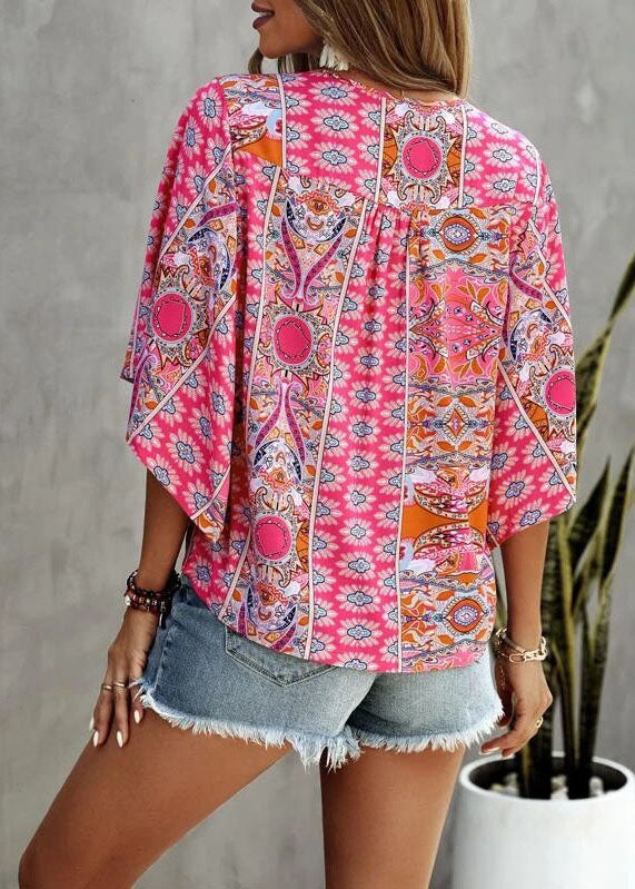 Pink V Neck Print Loose Tank Tops Short Sleeve