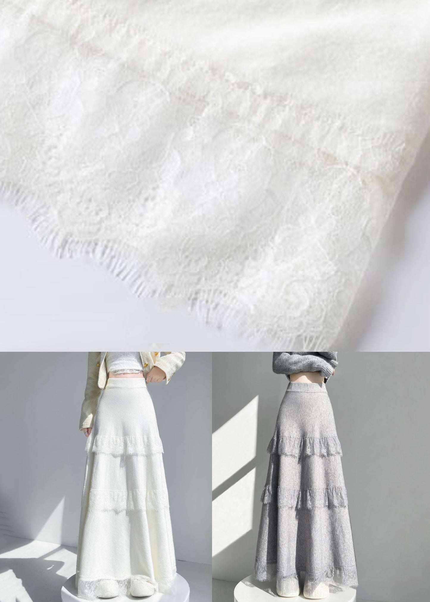 Grey Elastic Waist Lace Patchwork Knit Skirts Winter