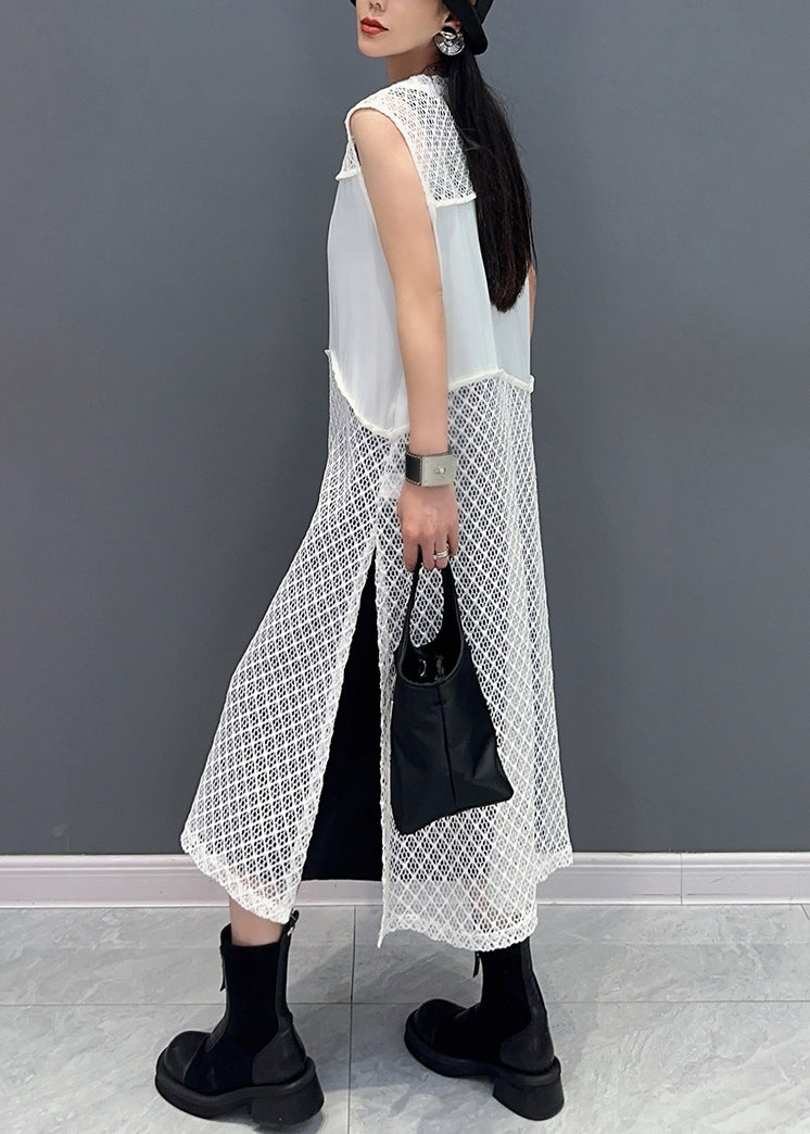 White O Neck Hollow Out Knit Dress Sleeveless