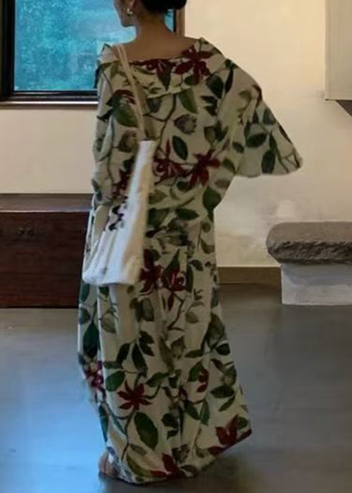 Green Slash Neck Print Cotton Two Pieces Set Flare Sleeve