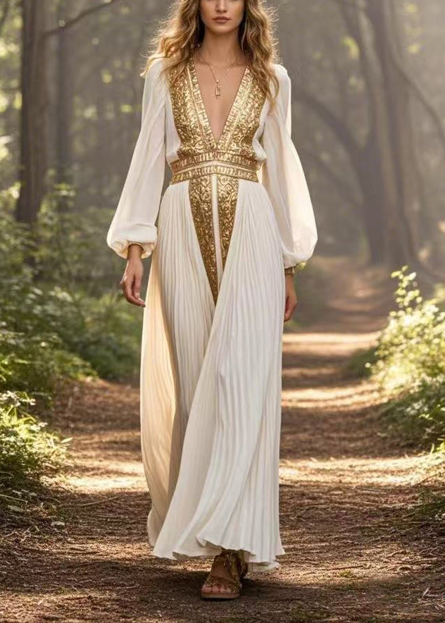 White V Neck Patchwork Chiffon Pleated Dress Spring