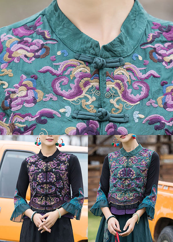 Black Stand Collar Embroideried Linen Waistcoat Fall